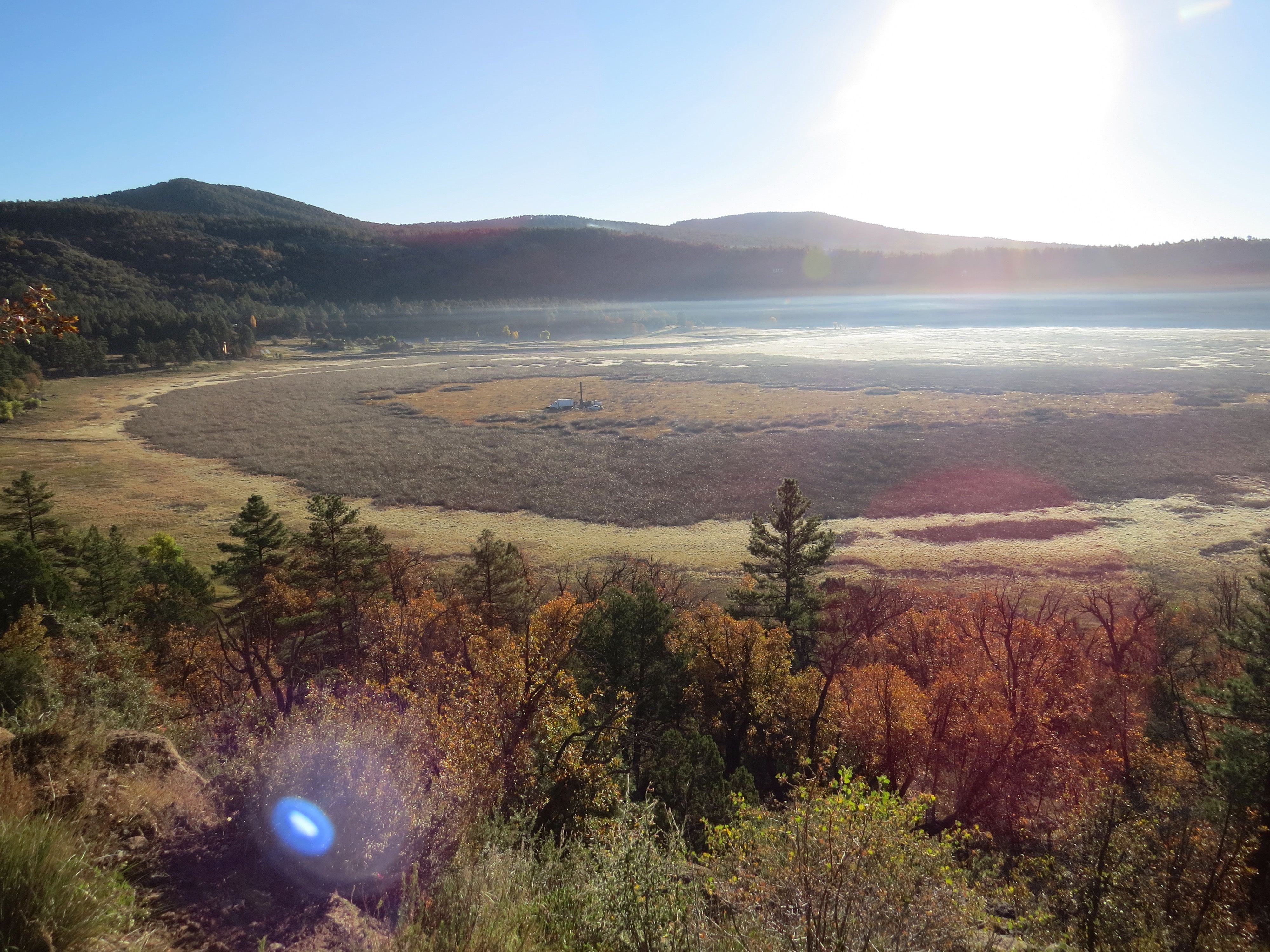View of Stoneman Lake in the early morning with drill rig in place